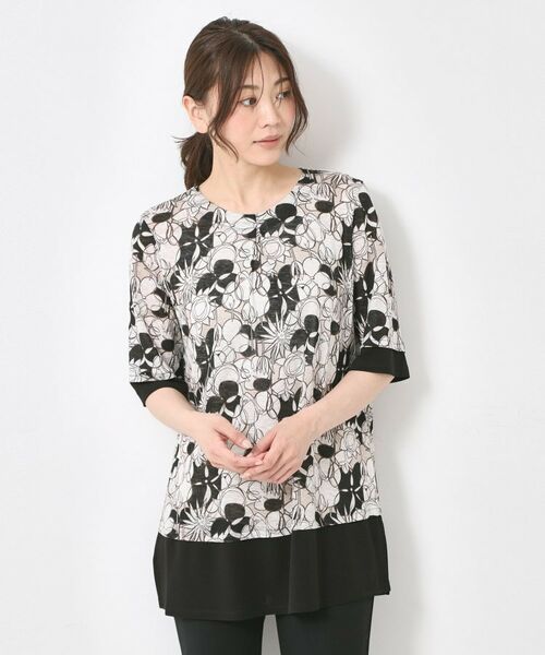 CORDIER / コルディア チュニック | 【M~4Lサイズ/洗える/麻】ロザンナリネンプリントチュニック(ブラック(119))