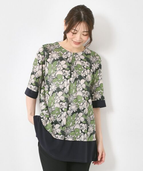 CORDIER / コルディア チュニック | 【M~4Lサイズ/洗える/麻】ロザンナリネンプリントチュニック(グリーン(122))