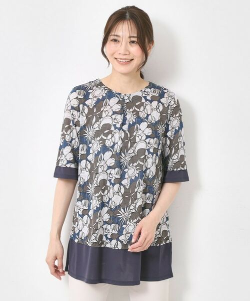 CORDIER / コルディア チュニック | 【M~4Lサイズ/洗える/麻】ロザンナリネンプリントチュニック(ブルー(192))