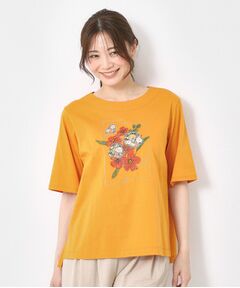 CORDIER / コルディア Tシャツ | 【M～4Lサイズ】パッチワーク＆刺繍 フラワーモチーフTシャツ