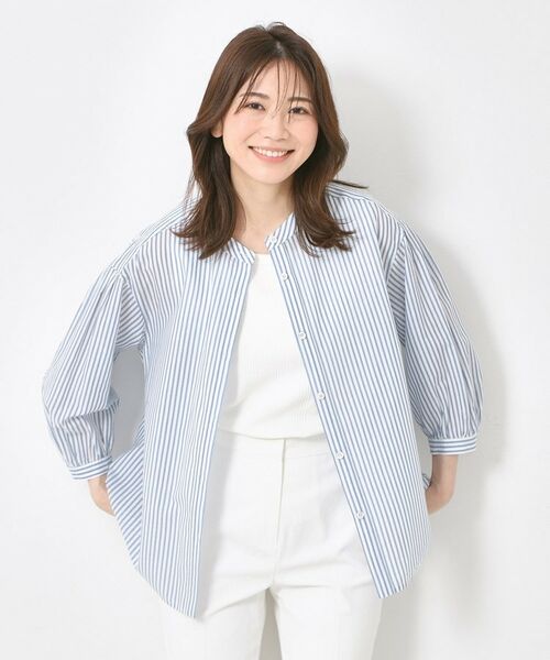 CORDIER / コルディア シャツ・ブラウス | 【M~4Lサイズ】ライトシアーストライプロングシャツ(サックスブルー(390))