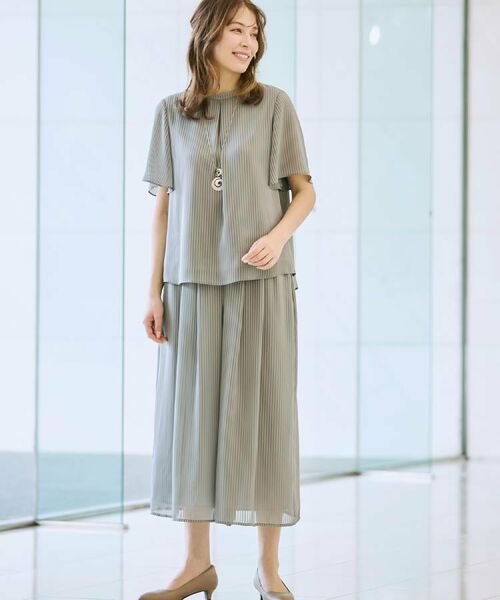 CORDIER / コルディア ショート・ハーフ・半端丈パンツ | 【S～4Lサイズ/セットアップ/洗える】艶サテンストライプ ガウチョパンツ | 詳細22