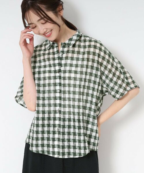 CORDIER/コルディア 【M~4Lサイズ/洗える】シルク混シアーチェックシャツ グリーン(224) 48(4L) CORDIER/コルディア 【M~4Lサイズ/洗える】シルク混シアーチェックシャツ グリーン(224) 48(4L)