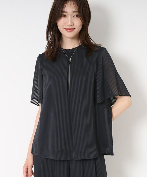 CORDIER / コルディア シャツ・ブラウス | 【M~4Lサイズ/セットアップ/洗える】艶サテンストライプ フレアブラウス(ネイビー(394))
