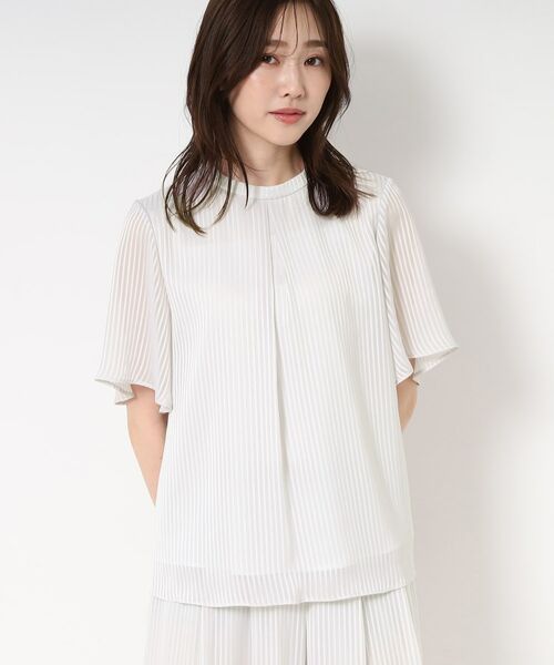 CORDIER / コルディア シャツ・ブラウス | 【M~4Lサイズ/セットアップ/洗える】艶サテンストライプ フレアブラウス(ライトグレー(310))