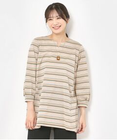 CORDIER / コルディア カットソー | 【M～4Lサイズ／洗える】上品に煌めくラメボーダーチュニック