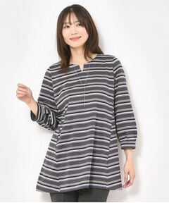 CORDIER / コルディア カットソー | 【M～4Lサイズ／洗える】上品に煌めくラメボーダーチュニック