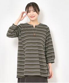 CORDIER コルディア ポタニカルプリント チュニック 裾ボーダー入り CORDIER コルディア ポタニカルプリント チュニック 裾ボーダー