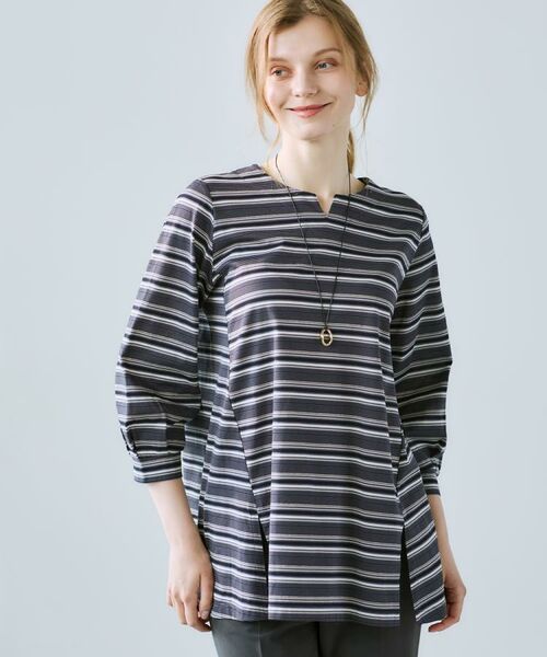 CORDIER / コルディア カットソー | 【M～4Lサイズ／洗える】上品に煌めくラメボーダーチュニック | 詳細20