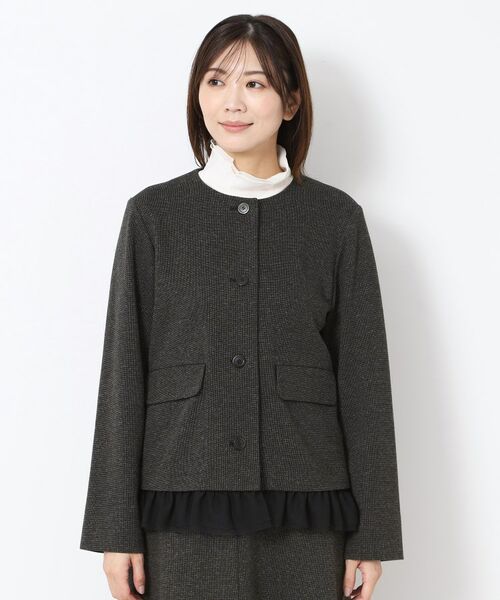 CORDIER / コルディア ノーカラージャケット | 【M～3Lサイズ／裾チュール取り外し可／着丈変化／セットアップ可】ファンタスジャージツイード調ジャケット | 詳細1