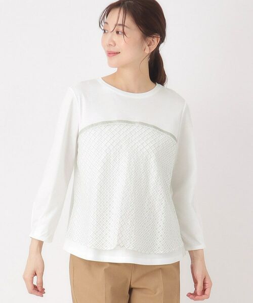 CORDIER / コルディア カットソー | 【M～4Lサイズ】シアーチェックプルオーバージャージ（ホワイト(002)）