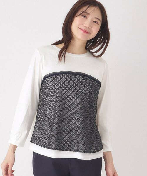 CORDIER / コルディア カットソー | 【M～4Lサイズ】シアーチェックプルオーバージャージ（ホワイト(502)）