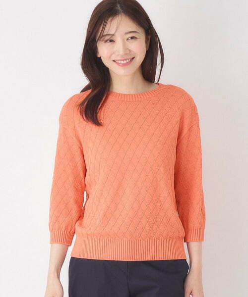 CORDIER / コルディア ニット・セーター | 【M～3Lサイズ】ダイヤ柄ボーダープルオーバーニット（オレンジ(068)）