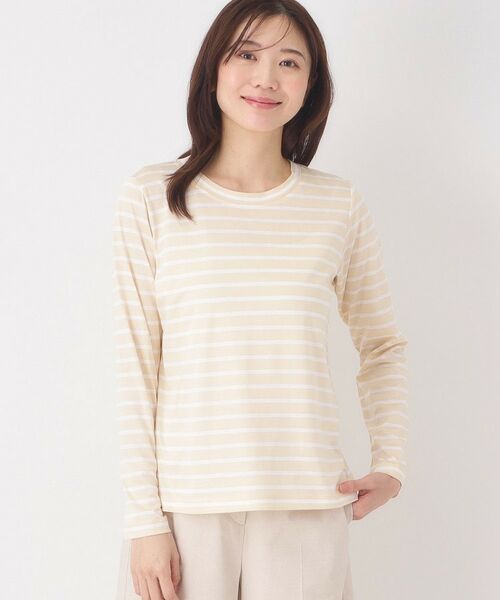 CORDIER / コルディア カットソー | 【M～4Lサイズ】滑らか素材ベーシックボーダープルオーバー（グレージュ(350)）