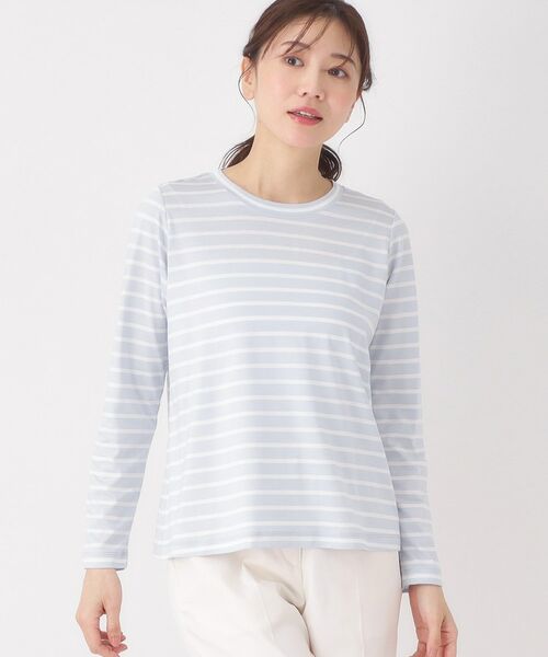 CORDIER / コルディア カットソー | 【M～4Lサイズ】滑らか素材ベーシックボーダープルオーバー（サックスブルー(390)）