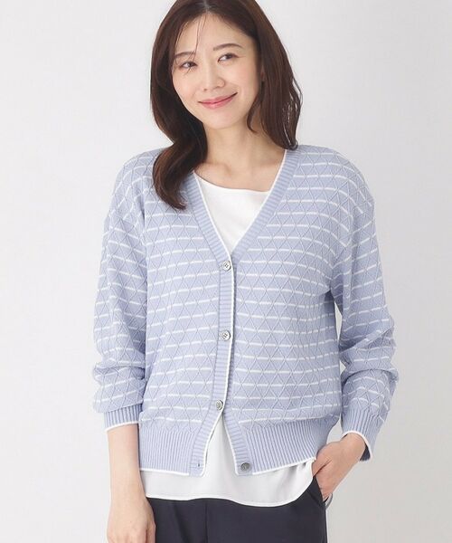 CORDIER / コルディア カーディガン・ボレロ | 【M～3Lサイズ】ダイヤ柄ボーダーVネックカーディガン（ブルー(391)）