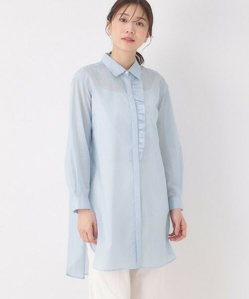 CORDIER / コルディア シャツ・ブラウス | 【M~3Lサイズ】エアリーストライプチュニックブラウス(サックスブルー(390))