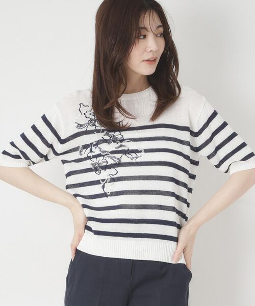 CORDIER / コルディア ニット・セーター | 【洗える／麻混】ボーダー柄スパンコール刺繍プルオーバーニット | 詳細15