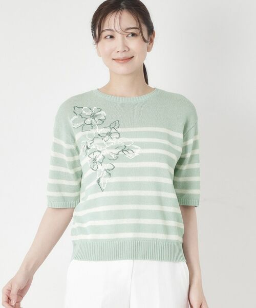 CORDIER / コルディア ニット・セーター | 【洗える／麻混】ボーダー柄スパンコール刺繍プルオーバーニット | 詳細7