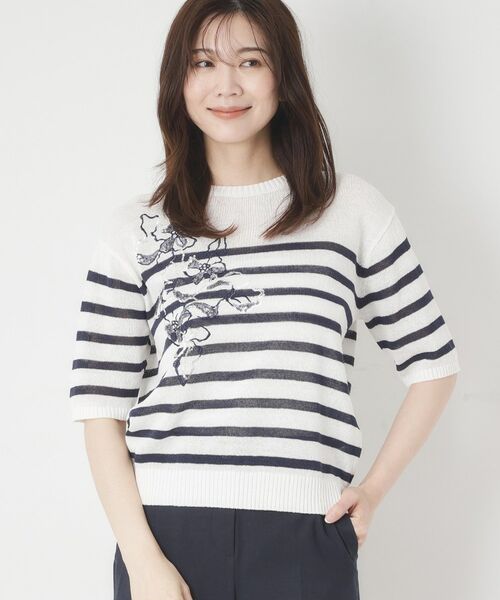 CORDIER / コルディア ニット・セーター | 【洗える／麻混】ボーダー柄スパンコール刺繍プルオーバーニット（ホワイト(301)）