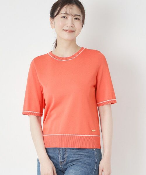 CORDIER / コルディア ニット・セーター | 【M～4Lサイズ／アンサンブル／洗える】配色ラインデザインプルオーバーニット（オレンジ(067)）