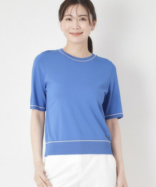 CORDIER / コルディア ニット・セーター | 【M～4Lサイズ／アンサンブル／洗える】配色ラインデザインプルオーバーニット（ブルー(092)）
