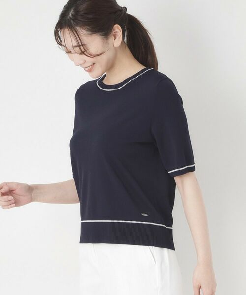 CORDIER / コルディア ニット・セーター | 【M～4Lサイズ／アンサンブル／洗える】配色ラインデザインプルオーバーニット（ネイビー(094)）