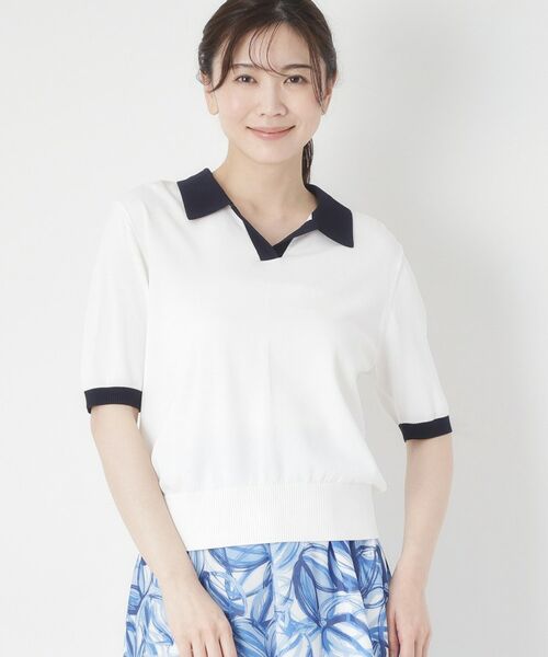 CORDIER / コルディア ニット・セーター | 【M～4Lサイズ／洗える】ポロニットプルオーバーニット（ホワイト(001)）