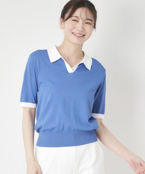CORDIER / コルディア ニット・セーター | 【M～4Lサイズ／洗える】ポロニットプルオーバーニット（ブルー(092)）