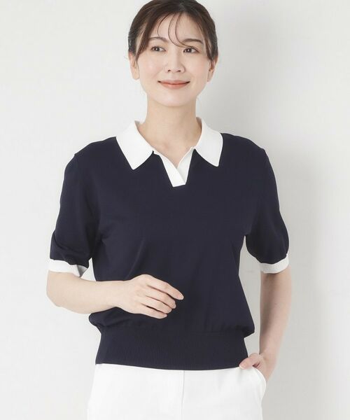 CORDIER / コルディア ニット・セーター | 【M～4Lサイズ／洗える】ポロニットプルオーバーニット（ネイビー(094)）