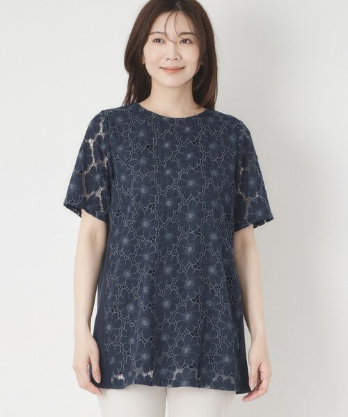 CORDIER / コルディア カットソー | 【M～4Lサイズ／洗える】華やかレースチュニックプルオーバージャージ | 詳細1