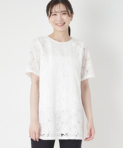 CORDIER / コルディア カットソー | 【M～4Lサイズ／洗える】華やかレースチュニックプルオーバージャージ（ホワイト(001)）