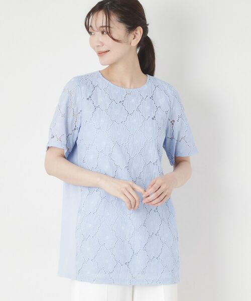 CORDIER / コルディア カットソー | 【M～4Lサイズ／洗える】華やかレースチュニックプルオーバージャージ（ブルー(092)）