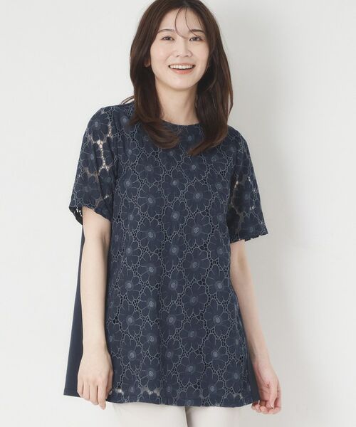 CORDIER / コルディア カットソー | 【M～4Lサイズ／洗える】華やかレースチュニックプルオーバージャージ（ネイビー(094)）