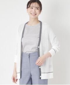 CORDIER / コルディア カーディガン・ボレロ | 【M～4Lサイズ／アンサンブル／洗える】配色ラインデザインメッシュカーディガンニット