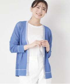 CORDIER / コルディア カーディガン・ボレロ | 【M～4Lサイズ／アンサンブル／洗える】配色ラインデザインメッシュカーディガンニット