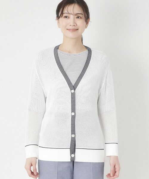 CORDIER / コルディア カーディガン・ボレロ | 【M～4Lサイズ／アンサンブル／洗える】配色ラインデザインメッシュカーディガンニット | 詳細1