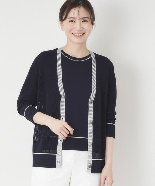 CORDIER / コルディア カーディガン・ボレロ | 【M～4Lサイズ／アンサンブル／洗える】配色ラインデザインメッシュカーディガンニット | 詳細15