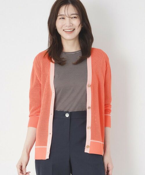 CORDIER / コルディア カーディガン・ボレロ | 【M～4Lサイズ／アンサンブル／洗える】配色ラインデザインメッシュカーディガンニット（オレンジ(067)）