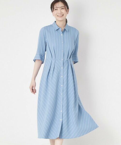 CORDIER / コルディア ロング・マキシ丈ワンピース | 【洗える／麻混】グレースナリヤボーダーワンピース（ブルー(392)）