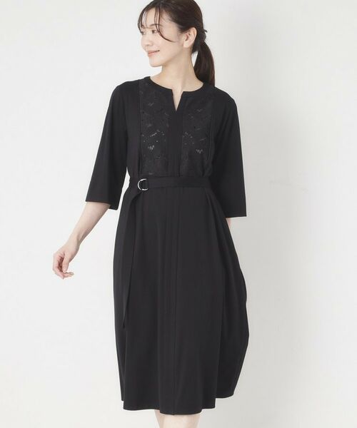 CORDIER / コルディア ミニ丈・ひざ丈ワンピース | 【接触冷感／夏のハレ服／M～3Lサイズ/洗える】華やかレースジャージワンピース（ブラック(019)）