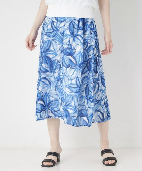 CORDIER / コルディア ロング・マキシ丈スカート | 【M～3Lサイズ／洗える／セットアップ】グレースリーフプリントスカート（ブルー(192)）