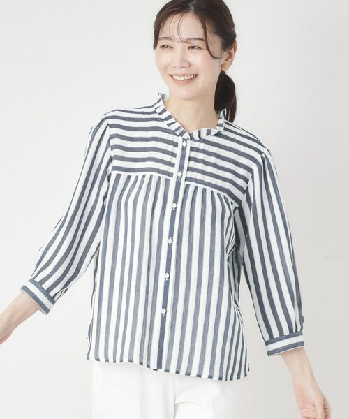 CORDIER / コルディア シャツ・ブラウス | 【お顔周りが華やぐ】グレースストライプフリルブラウス（ネイビー(394)）