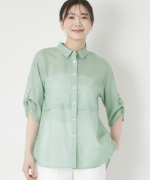 CORDIER / コルディア シャツ・ブラウス | 【M～4Lサイズ／洗える】ブライトローン艶オーバーブラウス（グリーン(023)）