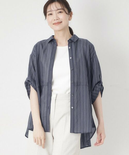 CORDIER / コルディア シャツ・ブラウス | 【M～4Lサイズ／洗える】ブライトローン艶オーバーブラウス（ネイビー(394)）