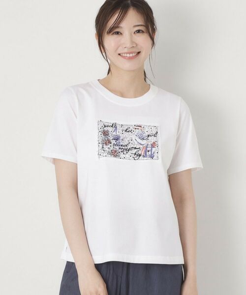 CORDIER / コルディア Tシャツ | 【M～3Lサイズ】パッチワークデザインボーダーTシャツ（ホワイト(002)）