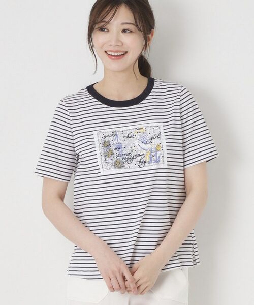 CORDIER / コルディア Tシャツ | 【M～3Lサイズ】パッチワークデザインボーダーTシャツ（ブルー(392)）