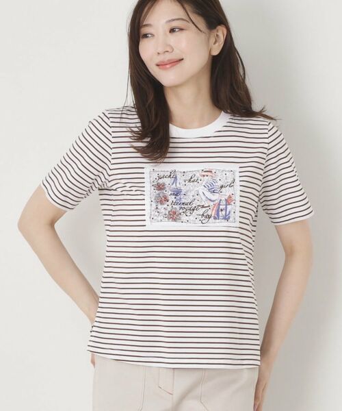 CORDIER / コルディア Tシャツ | 【M～3Lサイズ】パッチワークデザインボーダーTシャツ（モカブラウン(342)）