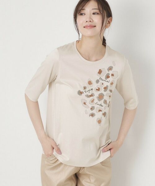 CORDIER / コルディア Tシャツ | アニマルテイスト刺繍&スパンコールデザインTシャツ(グレージュ(050))