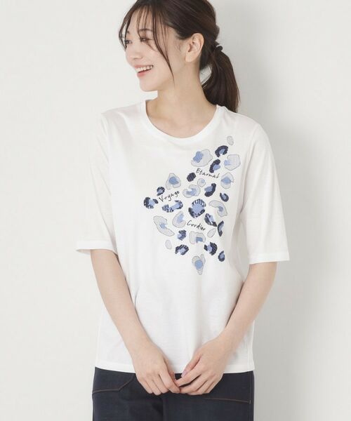 CORDIER / コルディア Tシャツ | アニマルテイスト刺繍&スパンコールデザインTシャツ(ブルー(192))